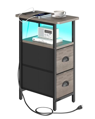 sthmec Narrow End Table with Charging Station, Narrow Side Table with 2 Fabric Drawers, LED End Table, Slim Nightstand with LED Light, Small Side Table for Small Spaces, Living Room, Bedroom, Grey - color: Grey, size: 7.87'' W x 15.75'' D x 24.37'' H, sty