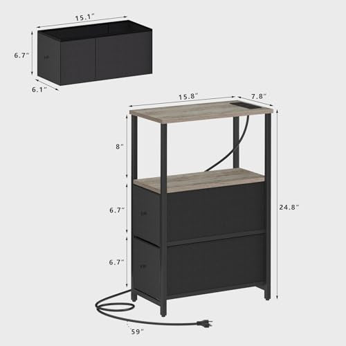 TUTOTAK Small Narrow End Table with Charging Station, Set of 2, Side Table with Outlets, Nightstand with 2 Cloth Drawers, Couch Table, for Living Room, Bedroom, Bedside, Greige TB01BG055 - color: Greige, style: 2 Drawers & Plug