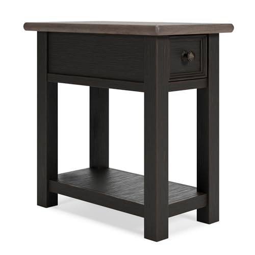 Signature Design by Ashley Narrow Chairside End Table with Charging Station | Smooth-gliding remote drawer, Lower display shelf, Rustic 2-tone finish, Tyler Creek Series - color: Black