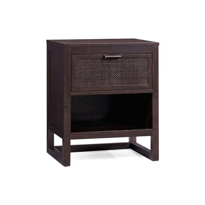 Teamson Home Hatteras 20" W Nightstand with 1 Deep Drawer and Open Shelf Storage in Coastal Modern Style, Ball Bearing Glides, Pine Wood Frames and MDF with Rattan, Espresso Finish | 1 Deep Drawer, Open Shelf Storage, Coastal Modern Style, Pine Wood & MDF