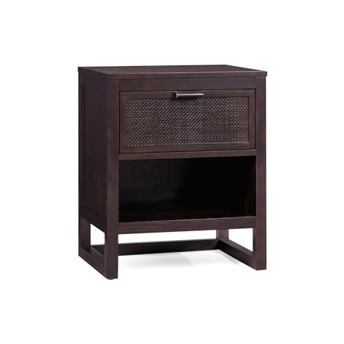 Teamson Home Hatteras 20" W Nightstand with 1 Deep Drawer and Open Shelf Storage in Coastal Modern Style, Ball Bearing Glides, Pine Wood Frames and MDF with Rattan, Espresso Finish | 1 Deep Drawer, Open Shelf Storage, Coastal Modern Style, Pine Wood & MDF