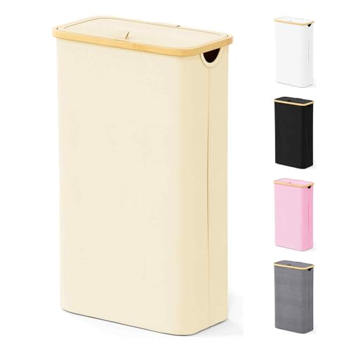 SpaceAid Slim Laundry Hamper with Lid, 65L Narrow Clothes Basket Bin with Bamboo Handles, Skinny Tall Collapsible Hamper for Bedroom, Bathroom, Dorm, Laundry Room - Beige - color: Beige, size: 65 L
