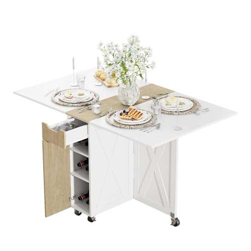 3imothrix Folding Dining Table, Small Dining Table, Space Saving Dining Table with 6 Wheels, Kitchen Table Sewing Table for Small Spaces (White) - color: White