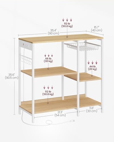 VASAGLE Baker's Rack, Coffee Bar Stand with Charging Station, 35.6 Inches Tall, Storage Shelves, Pull-Out Wire Basket, Table for Microwave, Kitchen, Oak Beige and Ink Black UKKS036Y09 - color: Oak Beige + Ink Black, style: With Power Outlet