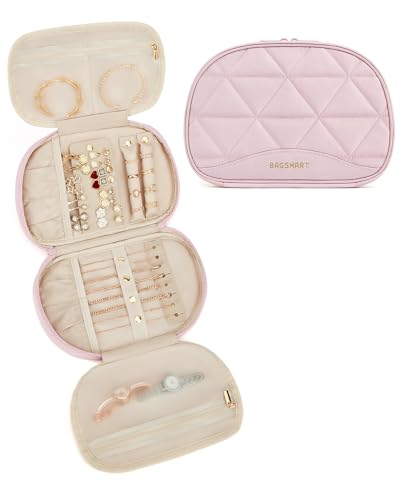 BAGSMART Travel Jewelry Case Jewelry Organizer Storage Roll Rings Necklaces Earrings Bracelets Brooches Watch Large Portable Light Pink - color: A-Light Pink, size: Medium