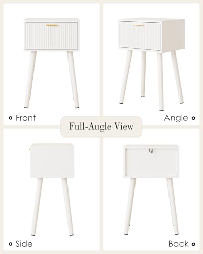 Night Stand Set 2, White Nightstand with Fluted Doors, Small Modern Mid-Century Bedside Table for Bedroom, End Table for Living Room - color: White
