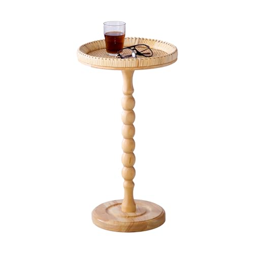 Drink Table，Rattan Round Small Side Table for Small Spaces, Boho Circle End Table Coffee Table with Solid Wood Leg for Living Room, Pedestal Table for Bedroom, Corners - size: High: 21.4", style: Bohemian