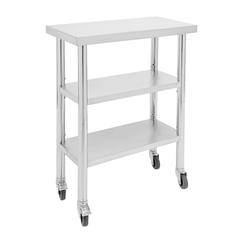 24"x14"x35" 3-Tier Industrial Work Table, Heavy Duty Stainless Steel Workstation with Adjustable Shelves, 305 lbs Top Load, 4 Swivel Casters and Leveling Feet for Small Spaces - size: 24 X 14 X 35 Inches