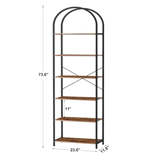 Homhedy 6-Tier Arched Bookshelf, Display Racks, Tall Book Shelf, 73.6" H | Wood and Metal Bookcase, Industrial Display Standing Shelf Unit, for Home, Office, Living Room, Bedroom, Rustic Brown - size: 6 Tier -23.6"W