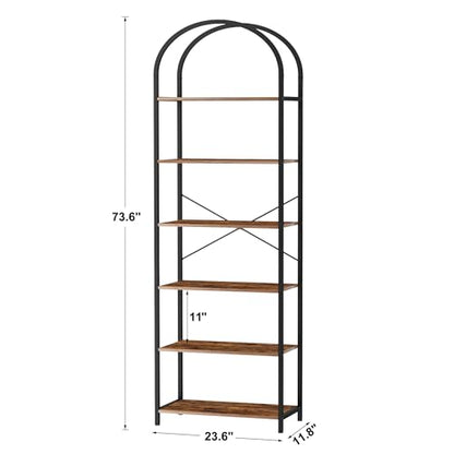 Homhedy 6-Tier Arched Bookshelf, Display Racks, Tall Book Shelf, 73.6" H | Wood and Metal Bookcase, Industrial Display Standing Shelf Unit, for Home, Office, Living Room, Bedroom, Rustic Brown - size: 6 Tier -23.6"W