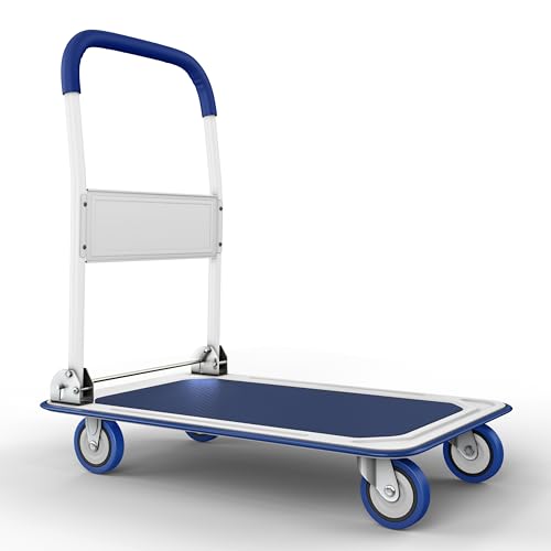 Heavy Duty Foldable Push Cart Dolly | 330 lbs. Capacity | Upgraded Collapsible Hand Truck Folding Platform with Swivel Wheels | Flat Bed Moving Wagon | Space Saving Push Handle (Blue) - color: Blue, 330 Lbs. Capacity