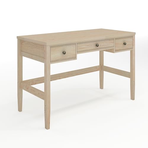 Martha Stewart Rhett Writing Desk with 3 Drawers and Tapered Legs in Light Natural with Antique Bronze Hardware
