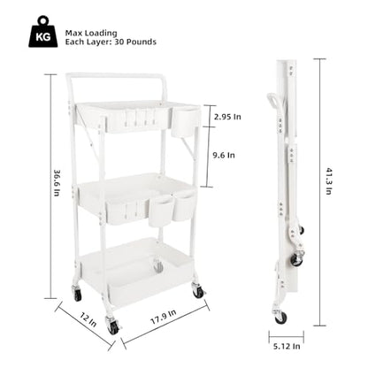 3-Tier Folding Rolling Utility Cart with Wheels, Foldable Storage Cart Organizer with 3 Hanging Cups & 6 Hooks for Kitchen, Office, Living Room, Nursery(White) - color: White