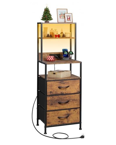 WLIVE Tall Nightstand with 3 Fabric Drawers, Night Stand with Charger Station and Open Shelves, LED Nightstand, Bed Side Table for Bedroom, Living Room, Rustic Brown - color: Rustic Brown, size: 1 Piece, style: 3 Drawers