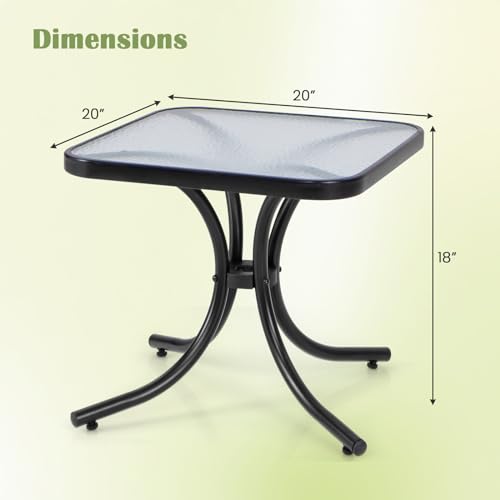 Giantex Small Outdoor Side Table with Tempered Glass Top, Heavy-Duty Metal Frame, 110 Lbs Capacity, Square Patio Table for Balcony, Porch, Backyard, Deck, Black