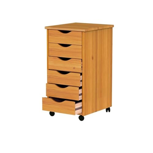 Pemberly Row Modern Solid Wood 6-Drawer Roll Utility Cart, Med Pine Finish, 15.25 x 13.25 x 25.75 in, Compact Mobile Storage with Casters, Removable Drawers, Home Office or Craft Room Organization - color: Medium Wood, size: 13.25" x 15.25" x 25.75"