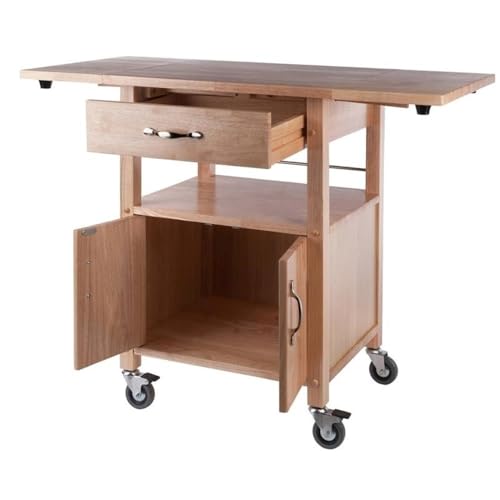 Pemberly Row Solid Wood Butcher Block Kitchen Cart, Natural Finish, Drop Leaf Countertops, Storage Cabinet with Drawer and Shelf, 43.27" W x 20.16" D x 33.27" H, Transitional Style for Kitchen Use