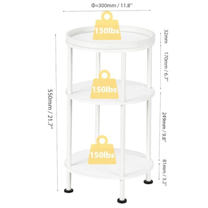 Small Round Side Table with Tray Top (Patented Design), 11.8" Narrow End Table for Small Spaces, 3-Tier Modern White Nightstand, Original Accent Furniture for Living Room Bedroom (Classic, White) - color: White, style: Classic