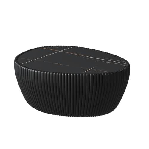 32.1" Oval Coffee Table with Marble Top Irregular Stone Coffee Table Fluted PU Leather Center Tables for Living Room Apartment No Assembly Black - color: Marble-oval-32.1inch-black-coffee