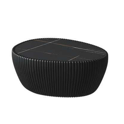 32.1" Oval Coffee Table with Marble Top Irregular Stone Coffee Table Fluted PU Leather Center Tables for Living Room Apartment No Assembly Black - color: Marble-oval-32.1inch-black-coffee