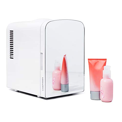 Chefman - Iceman Portable Mirrored Personal Fridge 4L Mini Refrigerator, Skin Care, Makeup Storage, Beauty, Serums & Face Masks, Small For Desktop Or Travel, Cool & Heat, Cosmetic Application, White