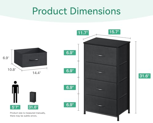 AODK Small Dresser for Bedroom with 4 Storage Drawers, Black | Dressers Chest of Drawers Fabric Dresser with Sturdy Steel Frame, Dressers for Closet with Wood Top - color: Black