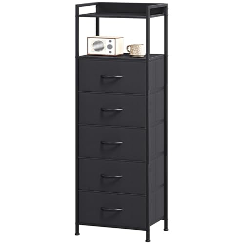 Somdot Tall Dresser for Bedroom, 5 Drawers Nightstand Vertical Storage Tower Unit, Night Stand Furniture with Fabric Drawer Organizer in Bedside Hallway, Entryway, Kids Room, Closet, Black - color: Black, size: 11.4"D x 15.2"W x 42.1"H (5 Drawers)