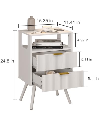 Leomonio White Nightstand, Modern Bedside Table with 2 Storage Drawer and Open Wood Shelf, for Bedroom and Small Spaces, Night Stand with Solid Wood Legs - color: White