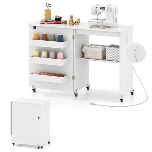 Giantex Folding Sewing Table with Charging Station, Storage Trays & Shelf | Rolling Craft Table with Lockable Wheels, Foldable Sewing Machine Cabinet Desk for Small Spaces, Dorms, White - color: White
