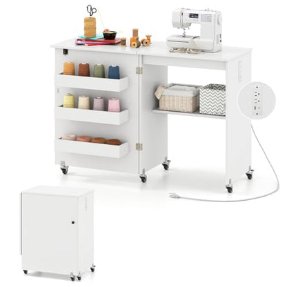 Giantex Folding Sewing Table with Charging Station, Storage Trays & Shelf | Rolling Craft Table with Lockable Wheels, Foldable Sewing Machine Cabinet Desk for Small Spaces, Dorms, White - color: White