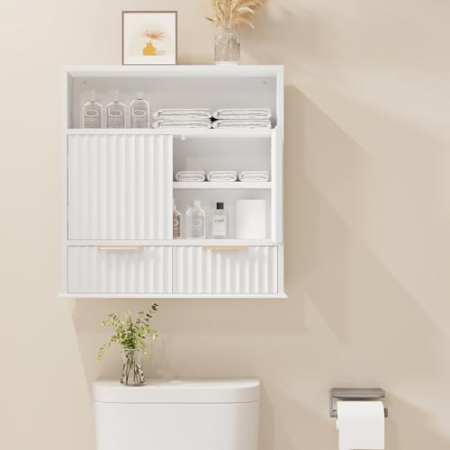 Bathroom Wall Cabinet with Fluted Design, Adjustable Shelves & Soft-Close Hinges, Hanging Storage Cabinet with Open Cubby & Drawers for Toiletries, Towels, Bathroom Organization (White)