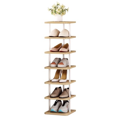 SORCEDAS Shoe Rack 7 Tiers Vertical MDF Narrow Shoe Shelf Tall Storage | Shoe Rack Storage Organizer Space Saving Entryway Closet Organizer Narrow Vertical Shoe Storage Tall Narrow Shelf Tower - color: White, size: 7 Tier-Standard