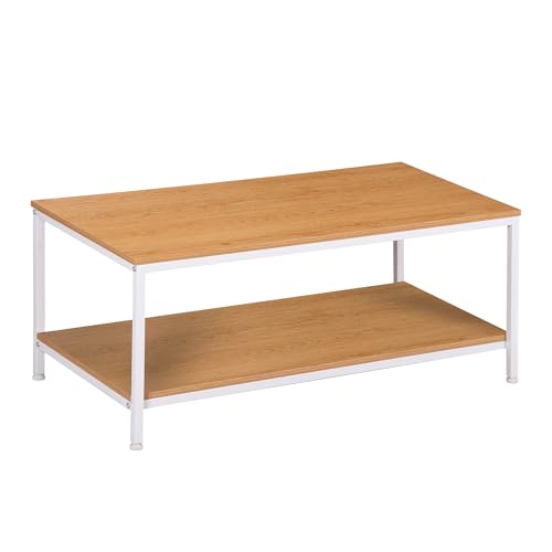 SUPER DEAL 2-Tier Coffee Table with Storage Shelf for Small Apartment Living Room, Rectangle Wood and Stable Metal TV Stand Side End Table, Natural Wood - color: Natural Wood, size: 39.4in