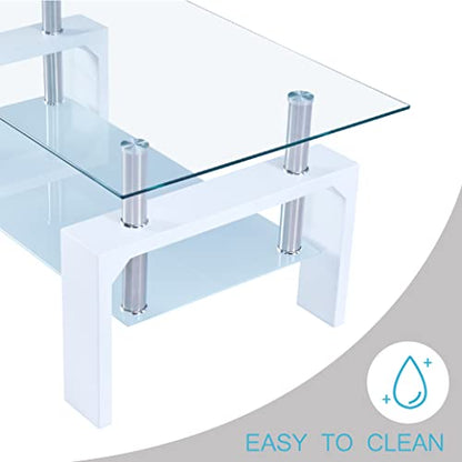 Living Room Rectangle Coffee Table, Tea Table Suitable for Waiting Room, Modern Side Coffee Table with Wooden Leg, Glass Tabletop with Lower Shelf, White 39.5 * 23.5 * 17.5 - color: White