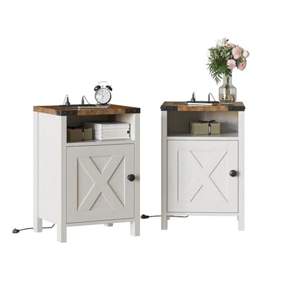Fameill Farmhouse End Tables Set of 2, Modern White | Nightstands with Charging Station, Bedside Tables with Barn Door and Open Compartment, Rustic Living Room Side Table