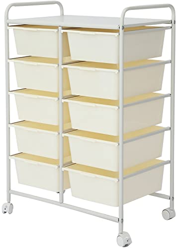 Ytaoka Rolling Cart with 10 Drawers, Plastic Drawer Cart with Metal Frame, Multipurpose Art Craft Cart Organizer with Wheels, Utility Cart with Drawers for Home, Office, School, White - color: White - 10