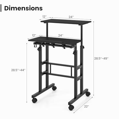 Tangkula Mobile Standing Desk, Height-Adjustable Laptop Podium Cart with Tilting Tabletop & Adjustable Angle, Rolling Stand Up Computer Desk with 2 Hanging Hooks & Lockable Casters for Home Office - color: Black