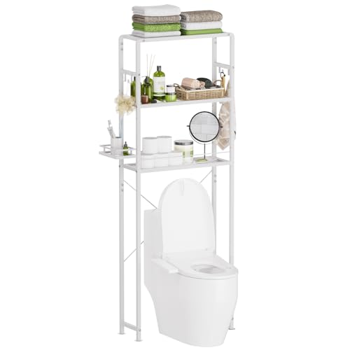 Glass Over the Toilet Shelf, 3-Tier Over-The-Toilet Storage Rack, Adjustable Shelf Bathroom Organizer, White Space Saving Shelves