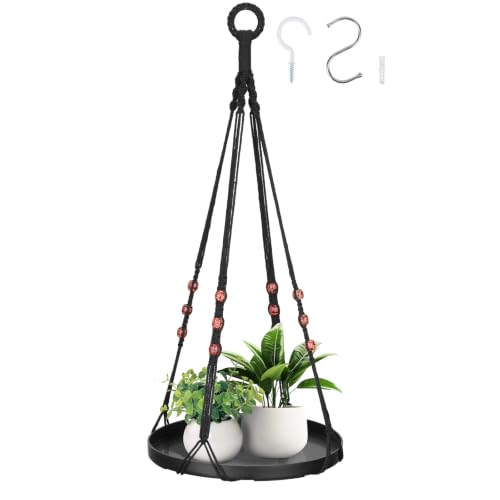 GREANER Macrame Plant Shelf Hangers, 1 Pack Large Hanging Macrame Plant Holder with Handmade Cord, Hanging Plant Holders for Home Garden Balcony Decor(Black) - color: Black