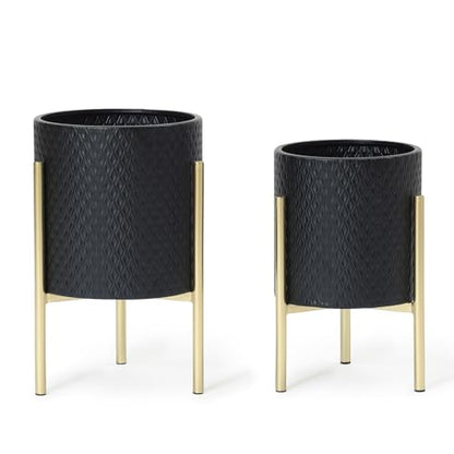 LuxenHome 2-Piece Diamond Pattern Round Metal Cachepot Planter Set, Black Planter with Gold Stands Set of 2 Indoor Plant Pots Large Floor Plant Pot for Plants, NOT Waterproof - color: Black