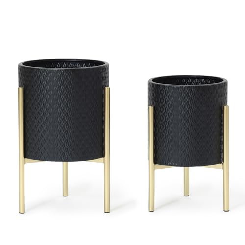 LuxenHome 2-Piece Diamond Pattern Round Metal Cachepot Planter Set, Black Planter with Gold Stands Set of 2 Indoor Plant Pots Large Floor Plant Pot for Plants, NOT Waterproof - color: Black