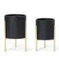 LuxenHome 2-Piece Diamond Pattern Round Metal Cachepot Planter Set, Black Planter with Gold Stands Set of 2 Indoor Plant Pots Large Floor Plant Pot for Plants, NOT Waterproof - color: Black