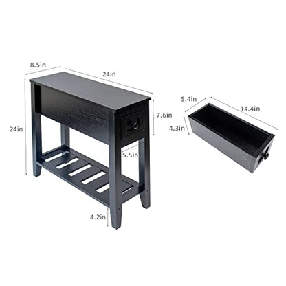 Narrow End Table, Black Couch Table with Drawer, Slim Bed Side Table for Small Space/Night Stand Set of 2, Side Table for Couch - size: 2 set black