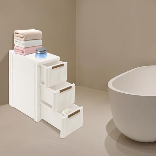 3 Drawer Narrow Storage Cabinet, Slim Plastic Storage Cart for Small Spaces, Freestanding Bathroom Organizer with Pull-Out Drawers for Laundry, Office, Kitchen