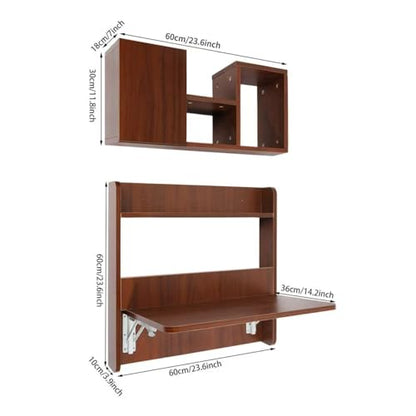 Wall Mounted Bookshelf with Moveable Cabinets, Multifunctional Folding Floating Desk, Fold Down Laptop Table with Storage Shelves for Bedroom Study Room Space Saving Small Space Garage (Walnut) - color: Walnut