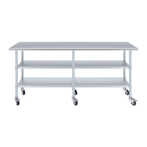 AmGood Stainless Steel Work Table with 2 Shelves and Casters | Metal Utility Table On Wheels (Stainless Steel Work Table with 2 Shelves + Casters, 84" Long x 18" Deep) - size: 84" Long x 18" Deep