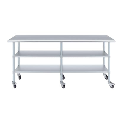 AmGood Stainless Steel Work Table with 2 Shelves and Casters | Metal Utility Table On Wheels (Stainless Steel Work Table with 2 Shelves + Casters, 84" Long x 18" Deep) - size: 84" Long x 18" Deep