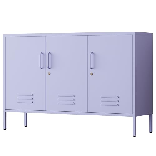32" Wide 3-Door Lockable Metal Storage Cabinet with Accent Cabinet Locker, Heavy Duty Home Tool Cabinet, 2 Removable Shelves & Easy Assembly, for Home, Office, Entryway and Hallway Purple - color: Lilac, style: Cabinet-32"H-WL