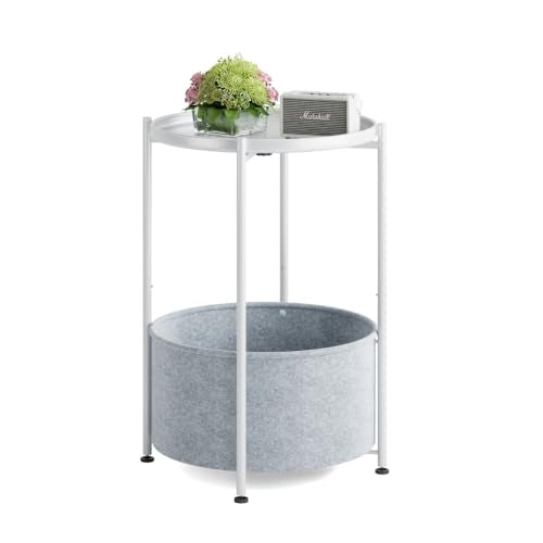 Small Round Side Table with Felt Storage Basket and Removable Tray | Accent Table, Metal End Table with Adjustable Feet, Side Table for Nursery, Bedroom, Living Room, Laundry Room, White - color: White