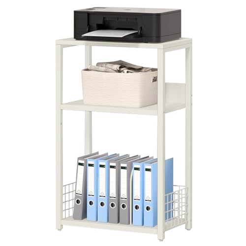 LELELINKY White Side Table,Small Printer Stand with Storage Shelf,3 Tier Industrial Bedside Tables,Vinyl Record Player Stand,Modern Sofa Night Stands for Living Room Bedroom Office Small Spaces - color: White, size: Medium